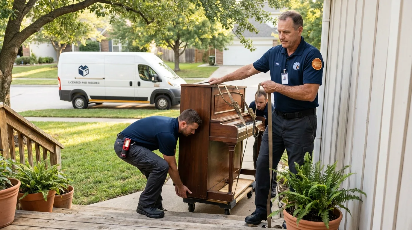 Licensed piano movers securing grand piano in Alta, IA