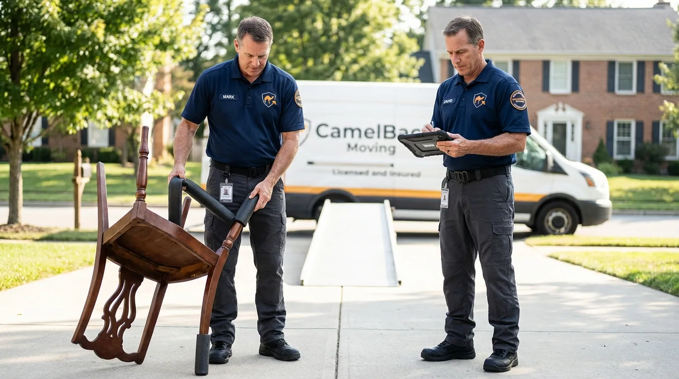 Movers inspecting furniture for damage prevention before loading in Alta, IA